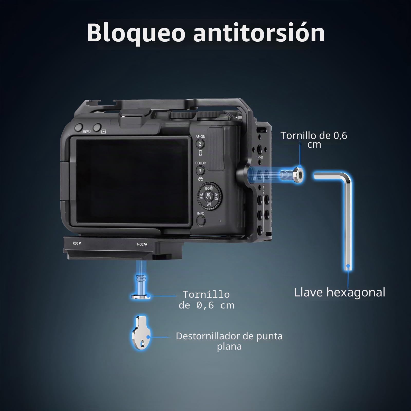 Nitze R50V Jaula para Canon R50 V, Cage para Cámara con Adaptador de Zapata Fría y Empuñadura Ergonómica de Silicona Integrada, Liberación Rápida para Arca, Compatible con Disparos Verticales - T-C07A