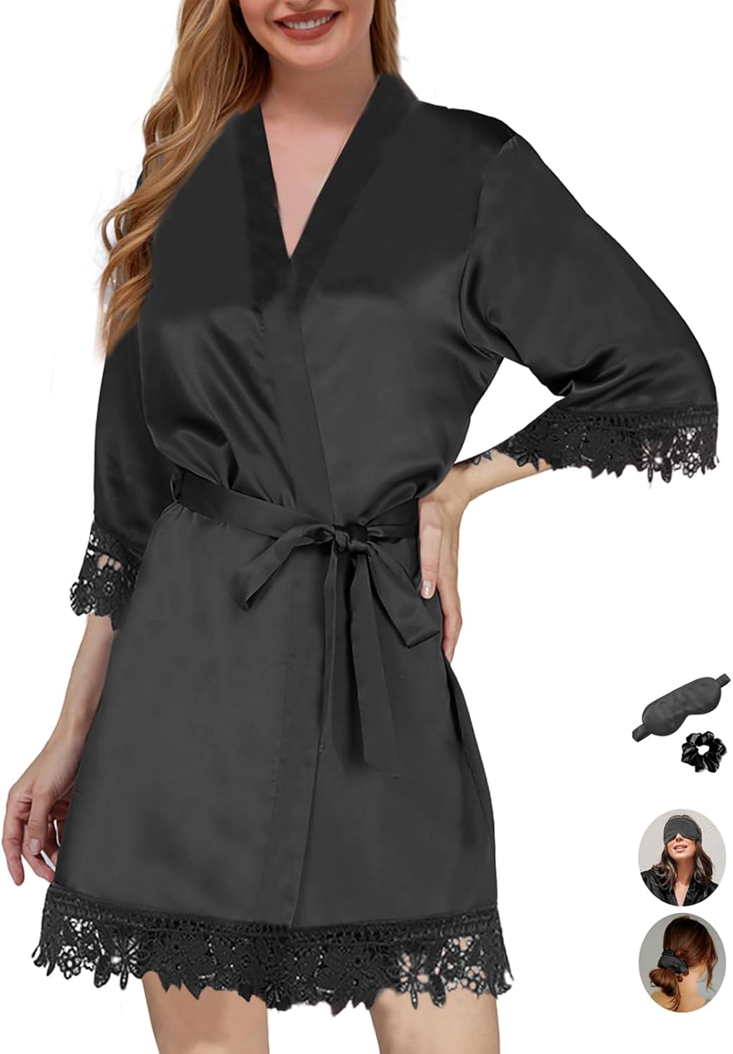 3Pcs Womens Satin Robes for Bride Bridesmaid Silk Bathrobes Silky Kimono Robe for Wedding Party Loungewear Lace Sleepwear - Image 4