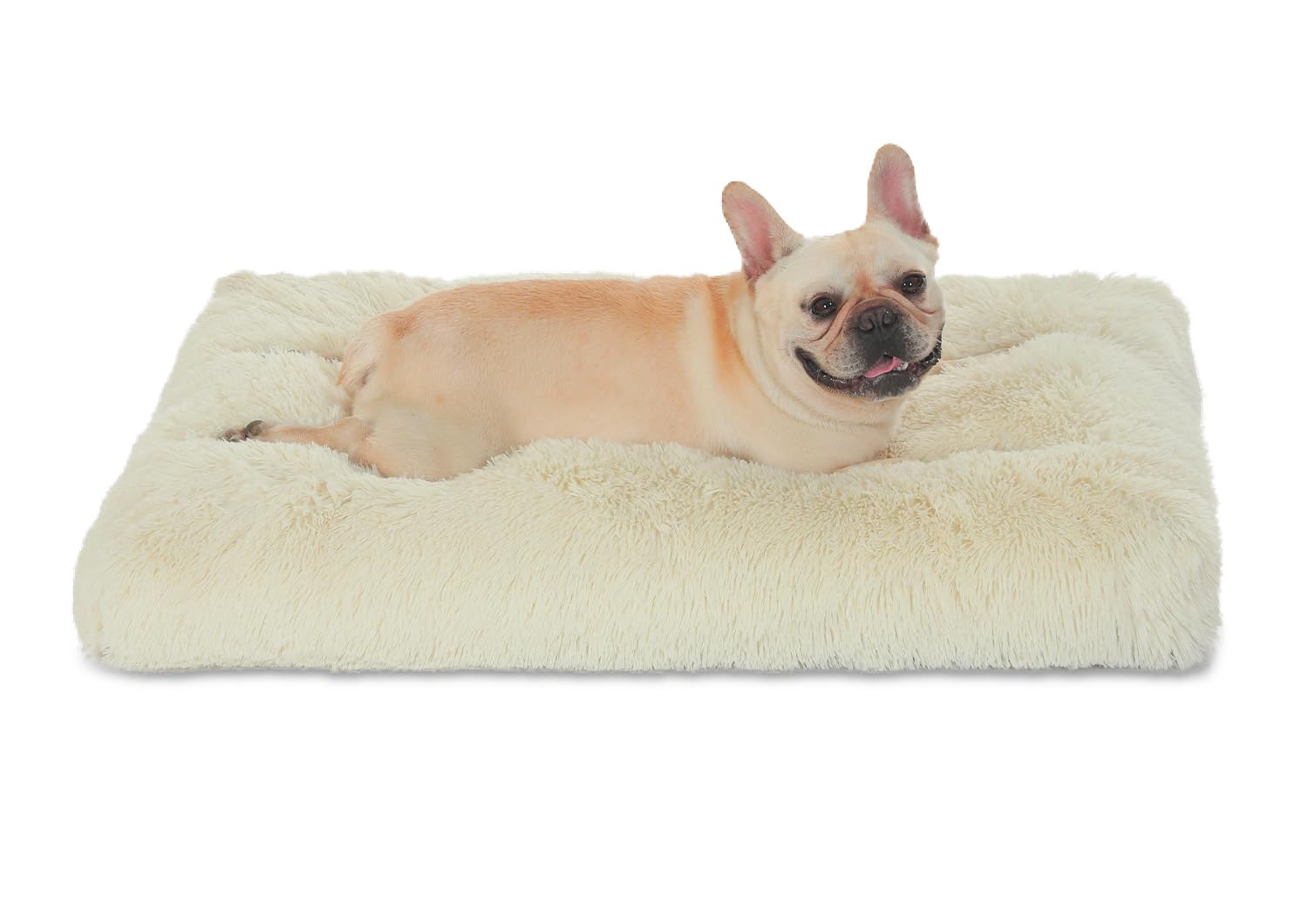 Bedfolks Plush Dog Crate Pad, Washable Faux Fur Kennel Bed, 35"x23", Cream