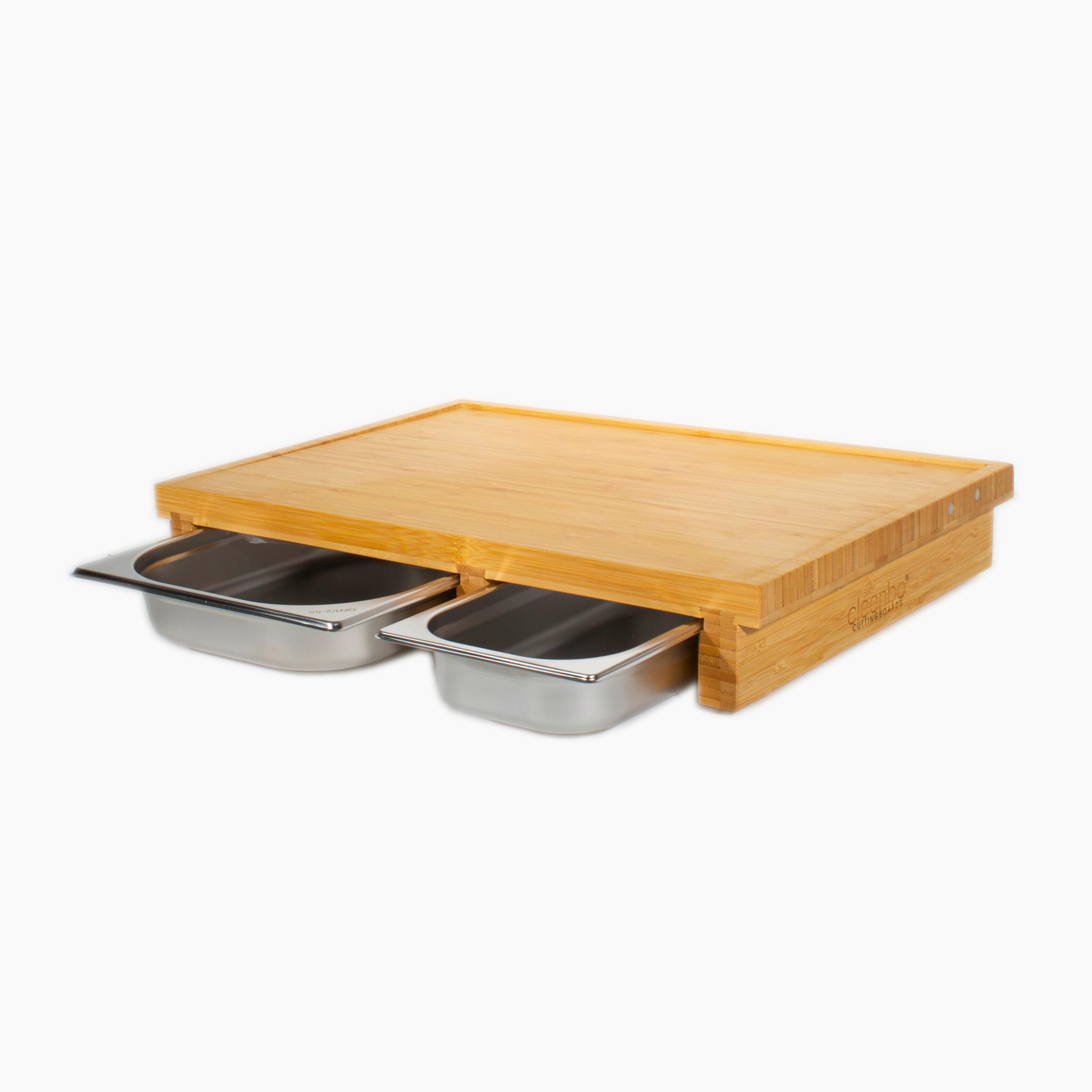 Schneidebrett "duo classic bamboo BBQ" mit zwei Auffangbehälter, Profi Holz Küchenbrett - Schneidbrett XXL extra groß aus Bambus mit 2 Edelstahl Auffangschalen & Saftrille - 55 x 38 x 8,7cm