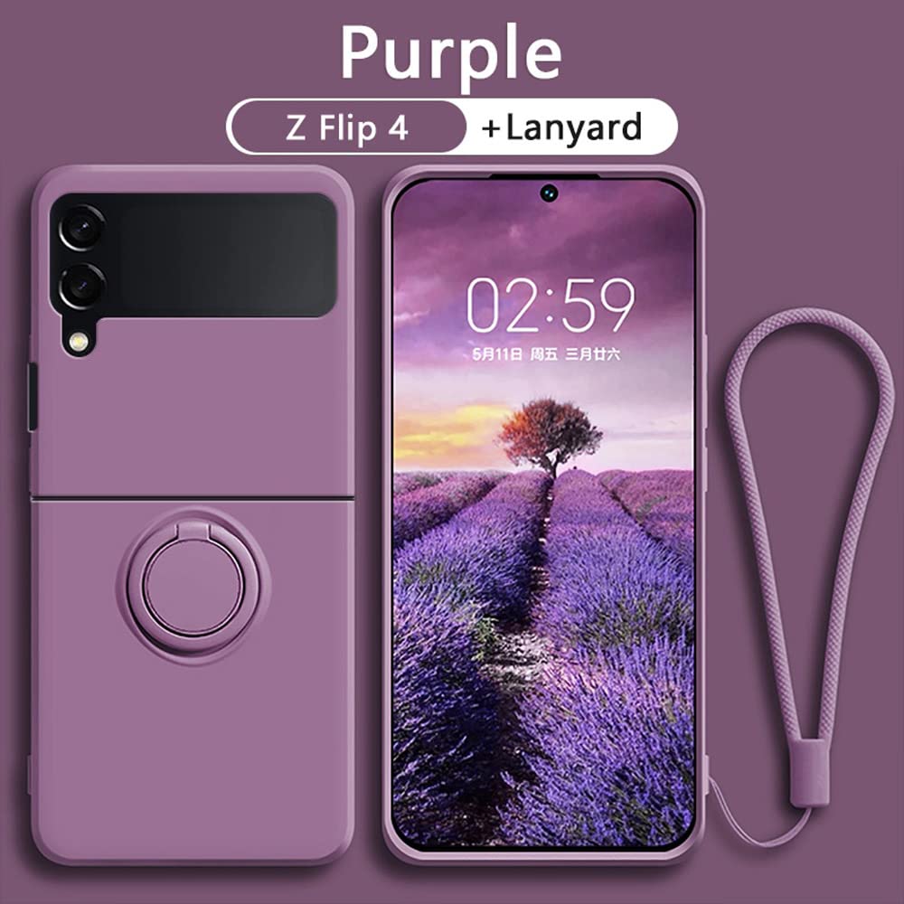 Keyihan Cover Compatibile con Samsung Galaxy Z Flip 4 con Supporto Anello a 360°Lanyard Cinturino da Polso Silicone liquido morbido Custodia Antiurto AntiGraffio Flessibile Slim (Sakura Purple)