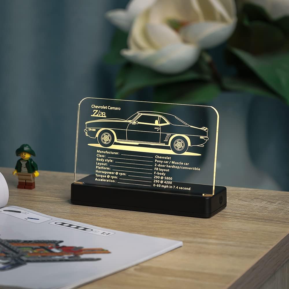 Kyglaring Glowing Clear Acrylic Name Plate with Power Base Designed for Lego Chevrolet Camaro Z28 10304 Building Set Sign Display (Glowing nameplate)