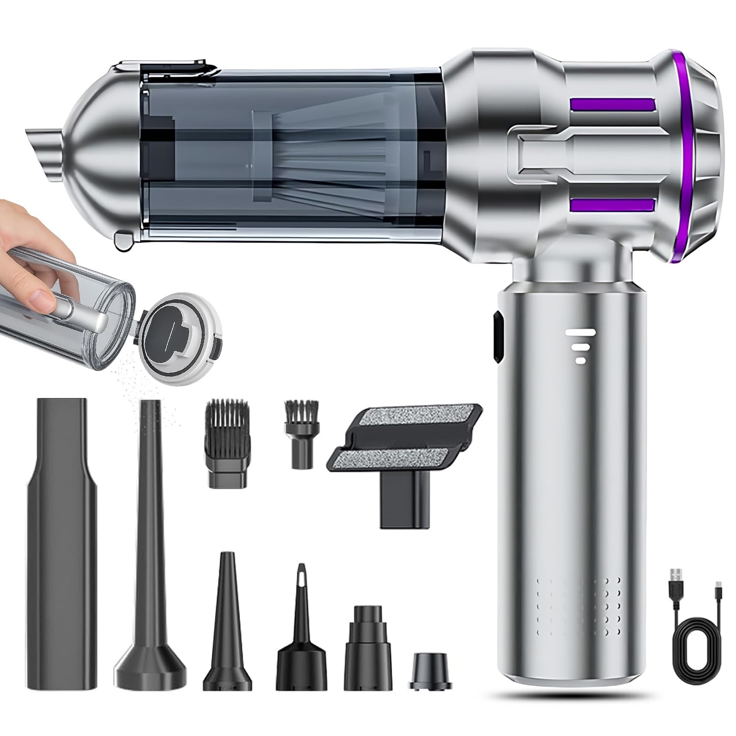 ハンドヘルド掃除機、車用掃除機コードレス、3段階スピード調整、強力な18000Paサイクロン吸引、ポータブルで充電可能、ペットの毛、車、家庭、オフィス用のウェット＆ドライ