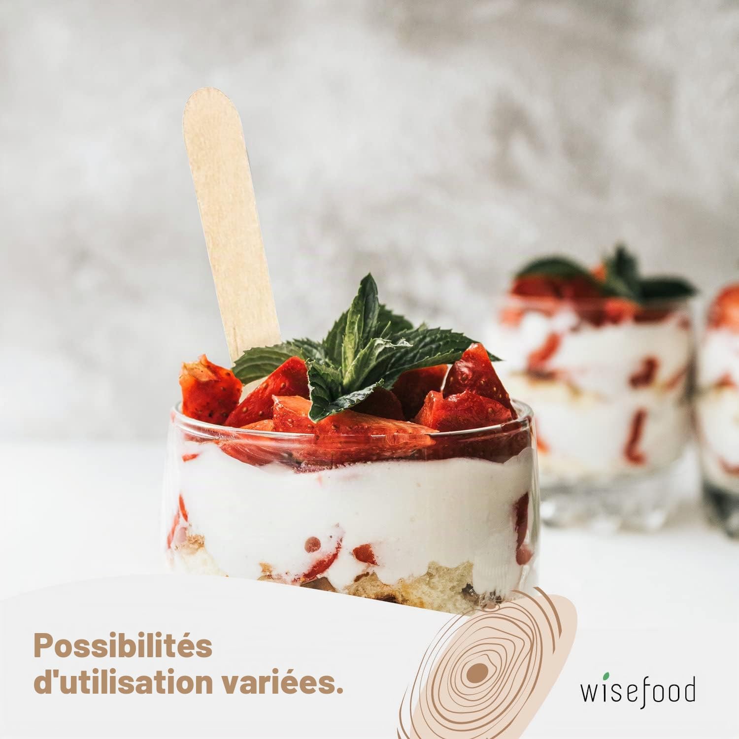 wisefood Cuillères à glace en bois - Lot de 100 cuillères jetables de 9,5 cm - Cuillères à dessert biodégradables - Naturelles, stables, respectueuses de l'environnement - Mini cuillères pour verres à