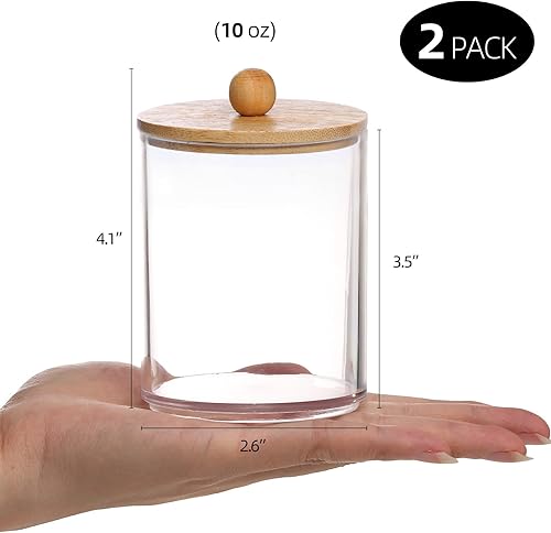 Miniatura 2 de Tbestmax Tarros de baño con soporte Qtip de 10 onzas para hisopos de bolas de algodón, dispensador de almacenamiento, tapa de bambú (paquete de 2)