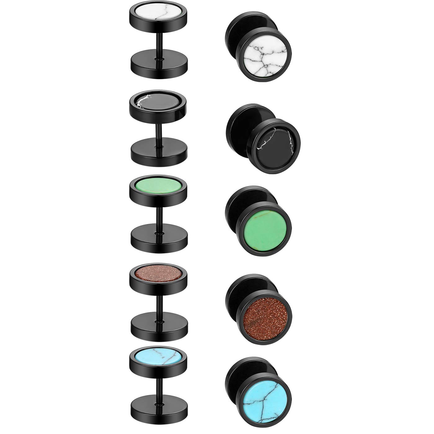 Flongo 10MM Boucles d'Oreilles Dormeuses pour Femme Homme, Clous d'Oreilles Puces Percés Faux Ecarteurs Acier Inox Incrusté Pierre Couleur Noir Brun Vert Blanc Bleu Fantaisie Cadeaux Anniversaire Noël