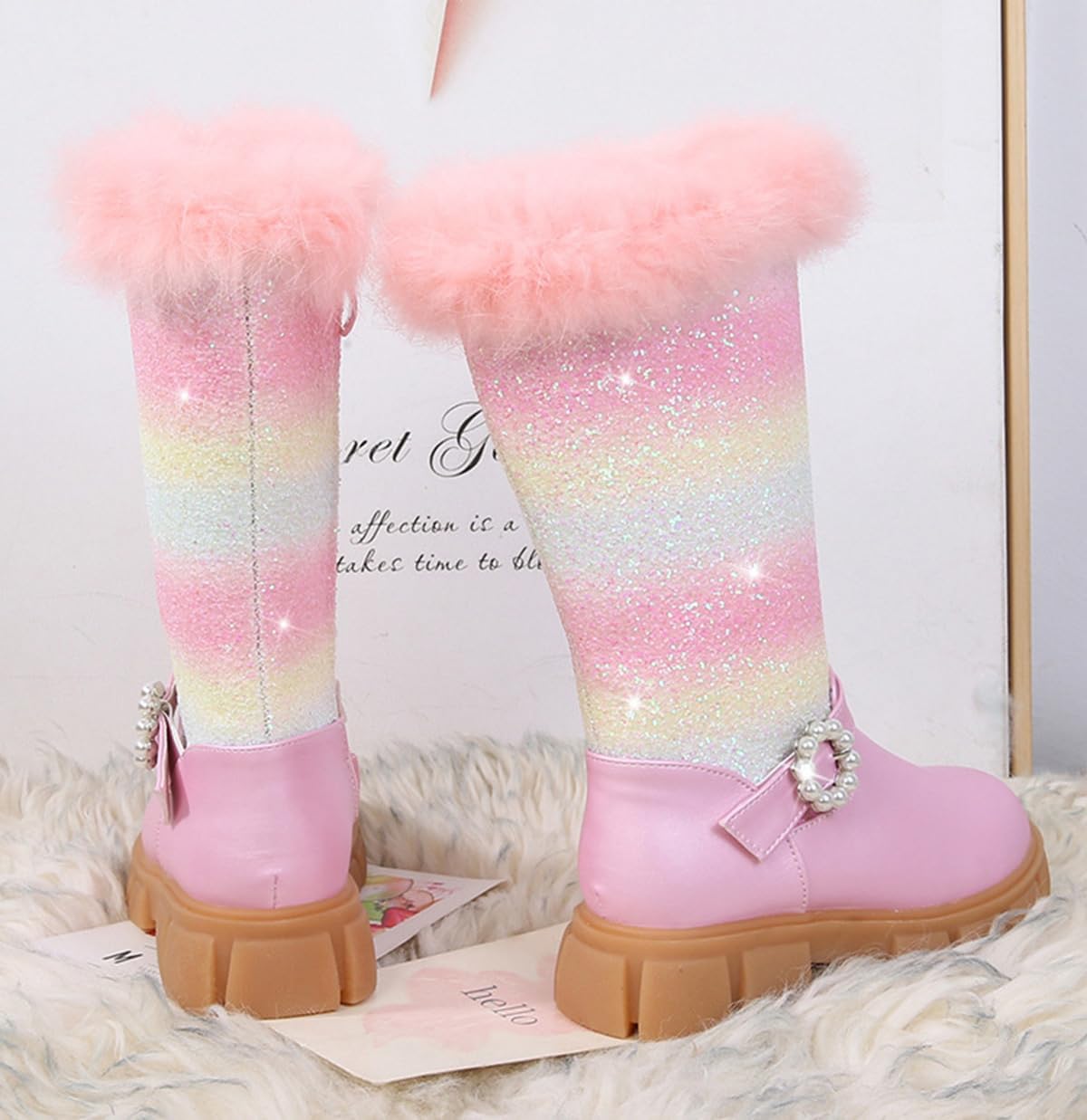 TangDao Girls Snow Boots Non Slip Outdoor Knee High Furry Boots Sparkle Princess Mid Calf Winter Boots for Toddler Little/Big Kids