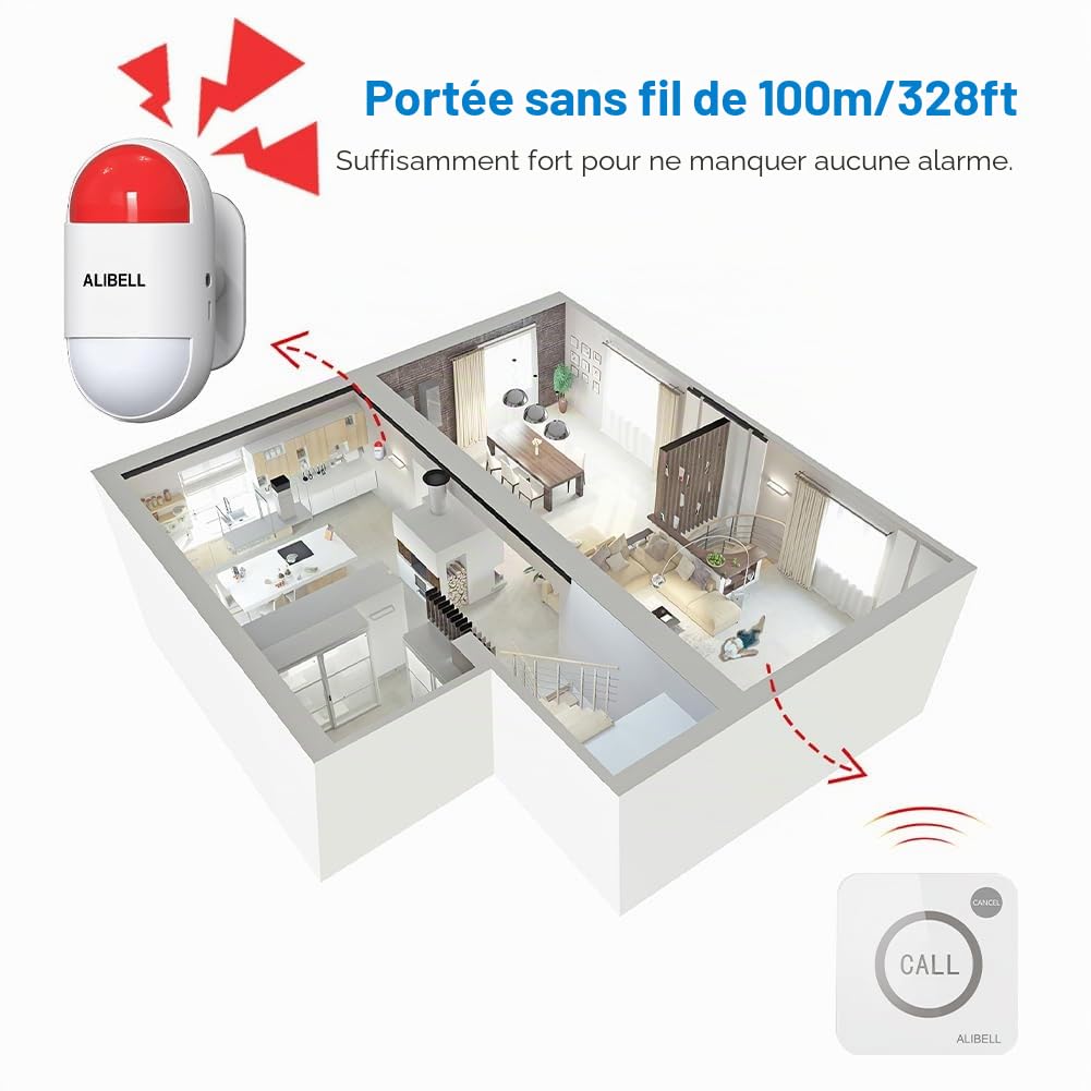 ALIBELL Kit d'alarme stroboscopique à Distance, système d'alarme de Panique Puissant 120 DB (sur Piles et Branchement Secteur), système d'urgence pour Maison/Magasin/Usine,1 sirène+2 Boutons