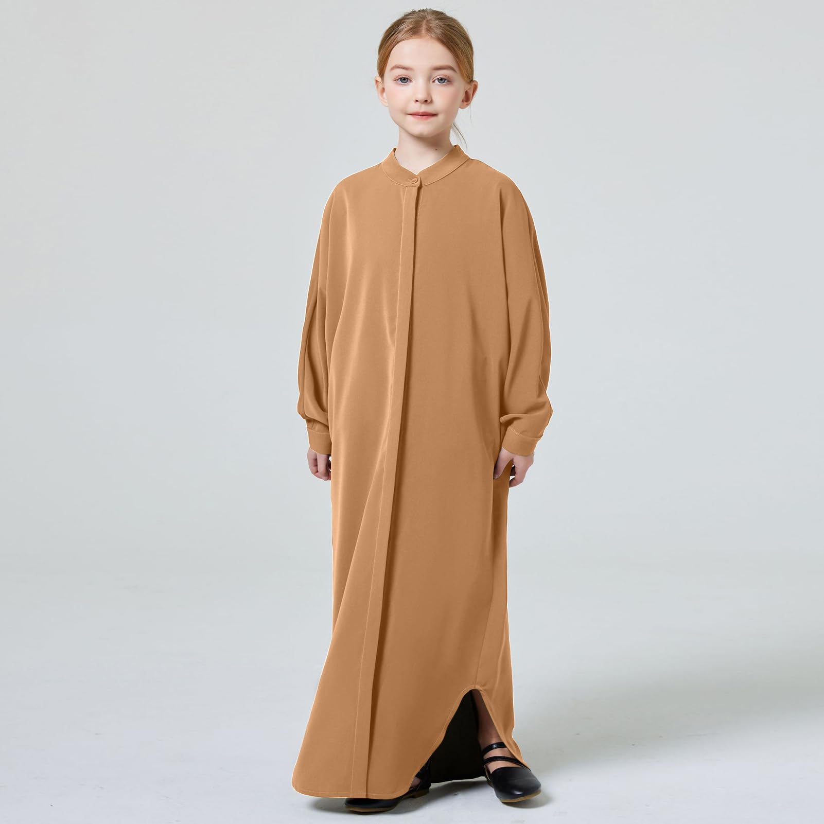 Condition photo showing New/Like New for ODASDO Muslim Girl Dress One-Piece Abaya Kids Islamic Kaftan Ramadan Prayer Long Robe Button Down Batwing Sleeve Gown
