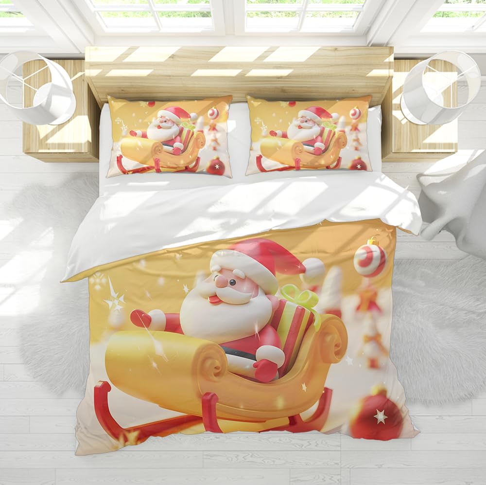 Funda edredón Navidad Santa Claus Pattern Soft Bedding Set Cartoon Theme Yellow Comforter Cover with Zipper para decoración Dormitorio guardería 160x200cm
