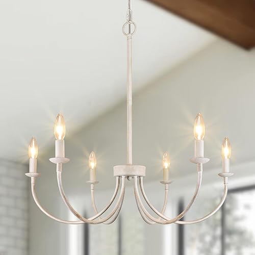 6-Light French Country Chandelier, Antique White Farmhouse Chandelier for Dining Room Lighting Fixtures Hanging, Industrial Modern Chandelier for Bedroom, Foyer, Kitchen, Living Room, Staircase