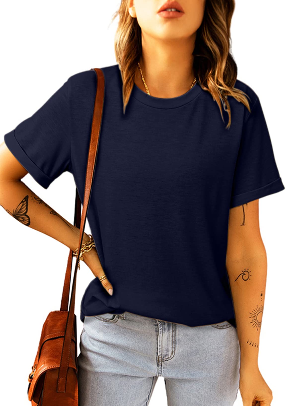 Suncife Damen-T-Shirt, Sommer, lässig, Rundhalsausschnitt, Basic-T-Shirt, kurzärmelig