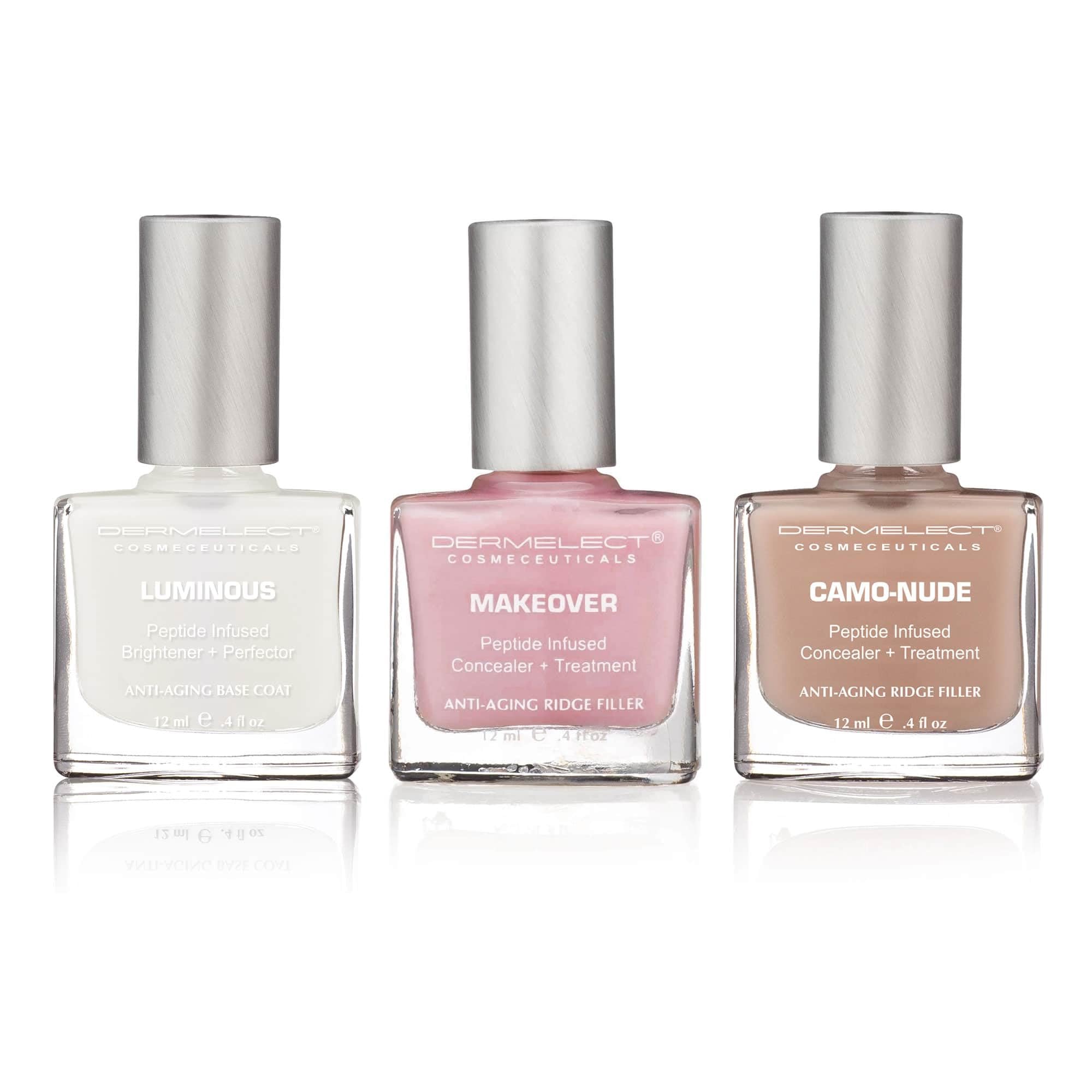 Dermelect Instant Nail Makeover Trio - Luminous Nail Brightener Makeover Ridge Filler Camo-Nude Base Coat - Strengthen Conceal