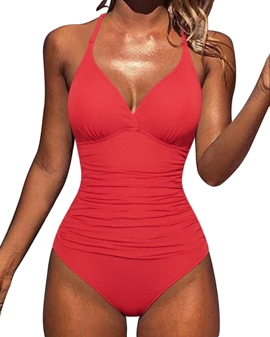 Hilor Women's Tummy Control One Piece Swimsuits Halter V Neck Push Up Slimming Bathing Suits Ruched Swimwear