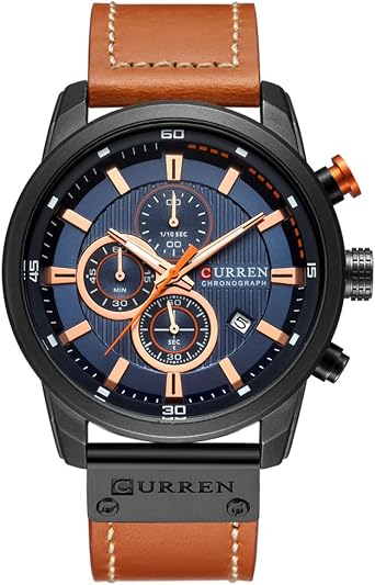 CURREN Mens Water Resistant Sport Chronograph Watches Military Multifunction Leather Quartz Wrist Watches Black Blue, Black, Chronograph,Quartz Movement