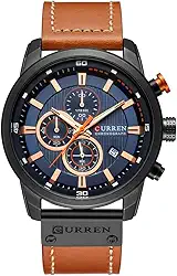 Relógio de pulso masculino militar com pulseira de couro, esportivo, à prova d'água, com cronógrafo, mostrador de data, de quartzo