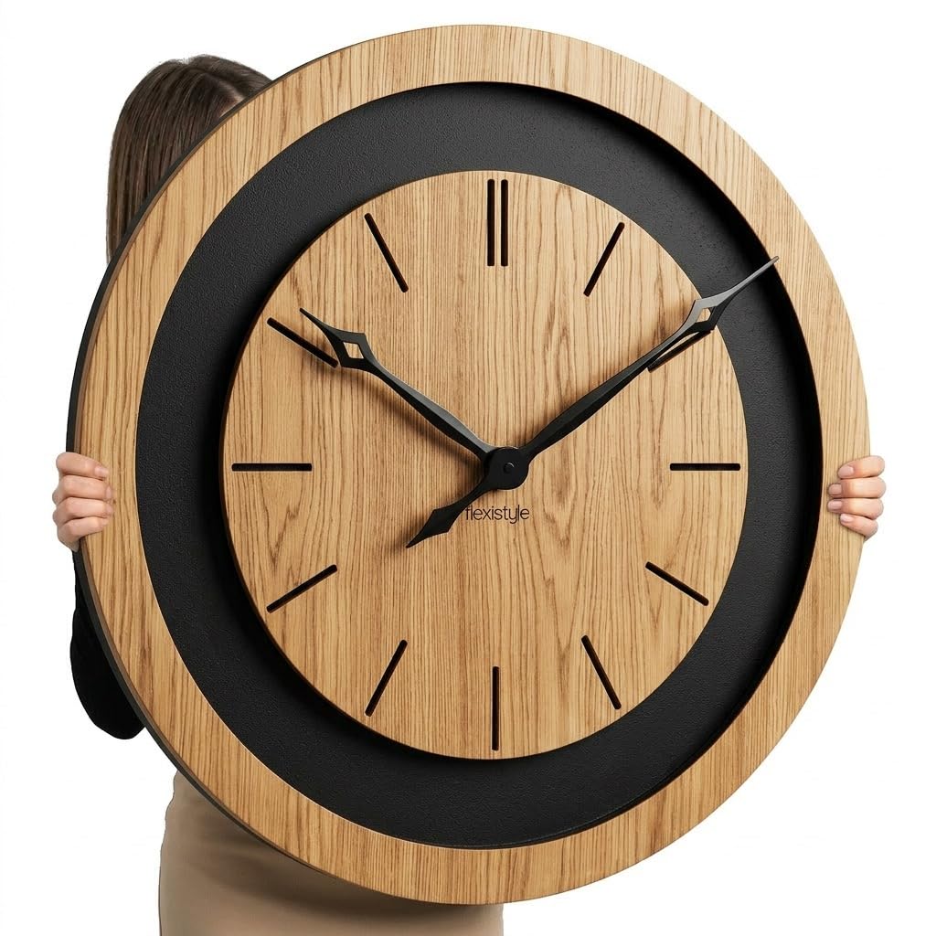 FLEXISTYLE Wanduhr groß XXL 75 cm aus Eiche – Große Designer-Wanduhr aus Naturholz & schwarzem MDF – Lautloses Uhrwerk ohne Ticken – Modernes Wohnaccessoire für Wohnzimmer, Loft & Büro
