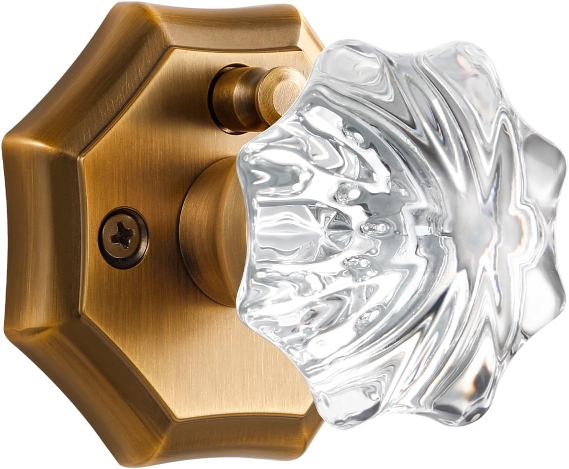 2 Pack Glass Knobs Antique Brass Door Knob Interior Privacy Door Knob for Bedroom and Bathroom Crystal Door Knob