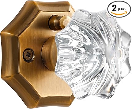 2 Pack Glass Knobs Antique Brass Door Knob Interior Privacy Door Knob for Bedroom and Bathroom Crystal Door Knob