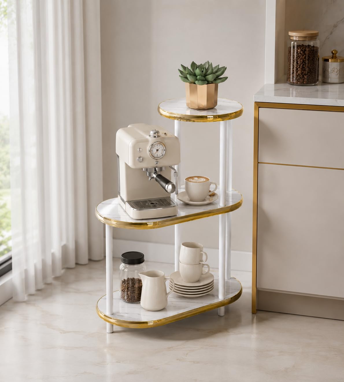 Generico Tavolino da Salotto Moderno 3 Ripiani Effetto Marmo Bianco con Bordi Oro, Tavolino Laterale Salvaspazio, Mobiletto Multiuso per Camera da Letto, Soggiorno e Angolo Caffè, 68x60x30 cm