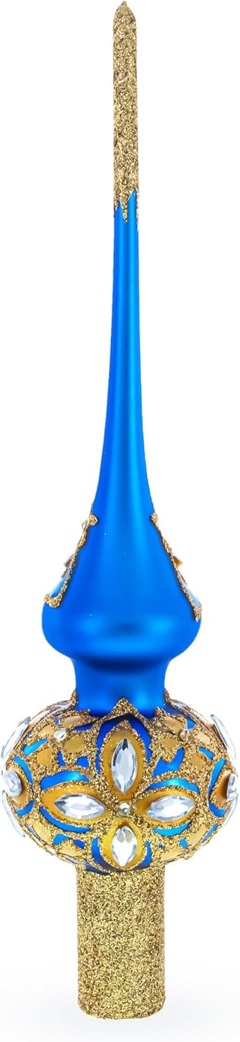 Dimensional Diamond Stars on Blue and Gold Mouth Blown Glass Christmas Tree Topper 11 Inches