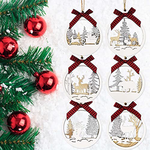 Christmas Ornaments - Xmas Tree Decorations - 6 Pack Farmhouse Rustic Winter Wonderland Wooden Ornaments With Buffalo Plaid Bows - Glitter White Christmas Tree Holiday Decor Gift Tags #TOP3