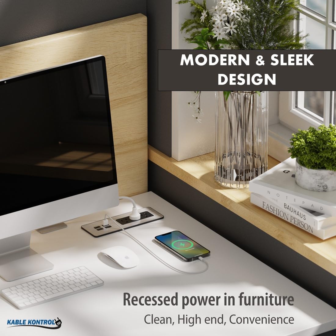 Kable Kontrol Recessed Power Strip with Fast Charging 2 PD65W USB-C Ports, 2 USB-A Ports, 3 Power Desk Outlets, Flush Mount Furniture Charging Station Grommet for Side Table, End Table - Black