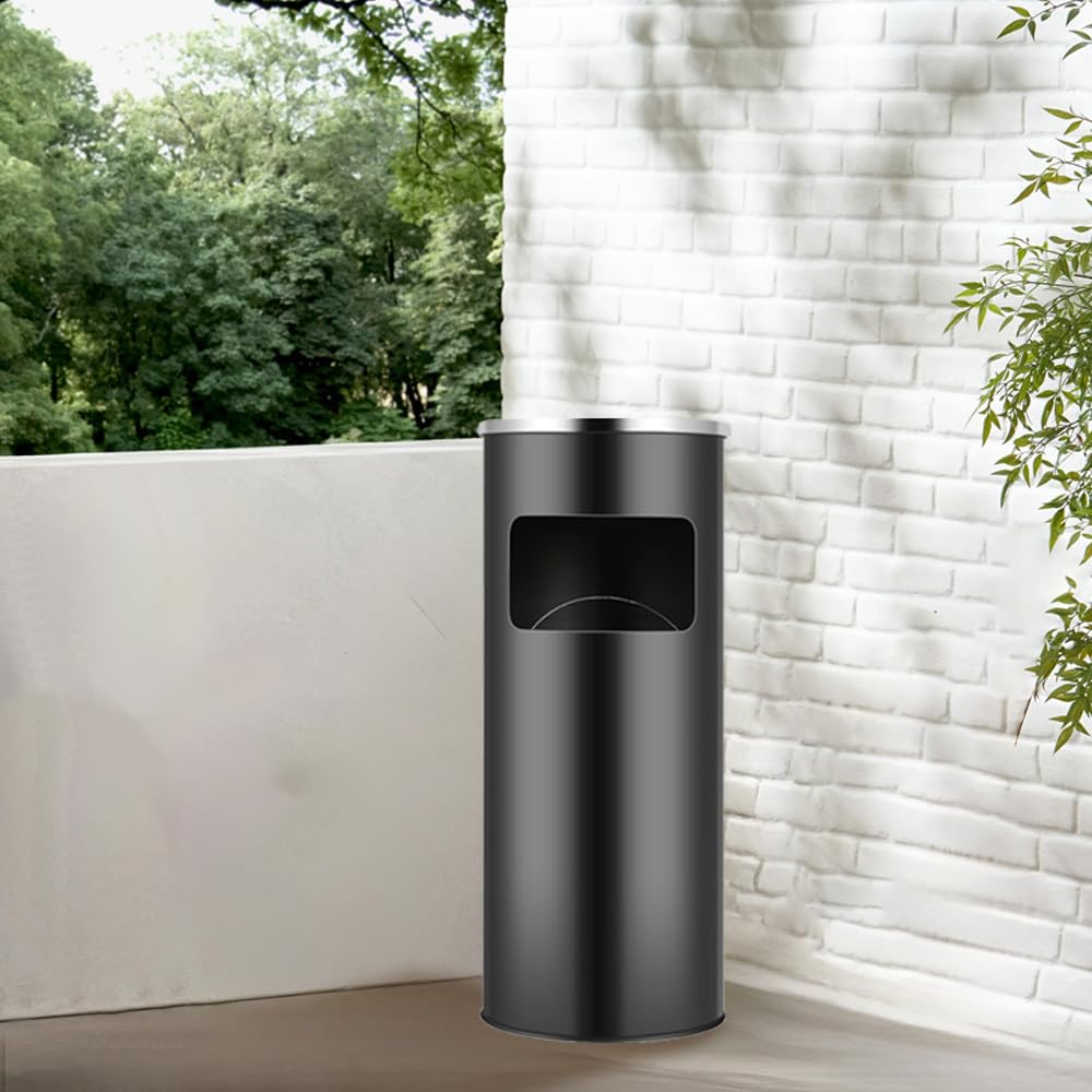 Supfine Cenicero de pie con cubo de basura de 30 litros, cubo de basura de cocina con cubo interior, de acero inoxidable, cenicero exterior para restaurante, jardín, pub, club (2, negro – redondo)