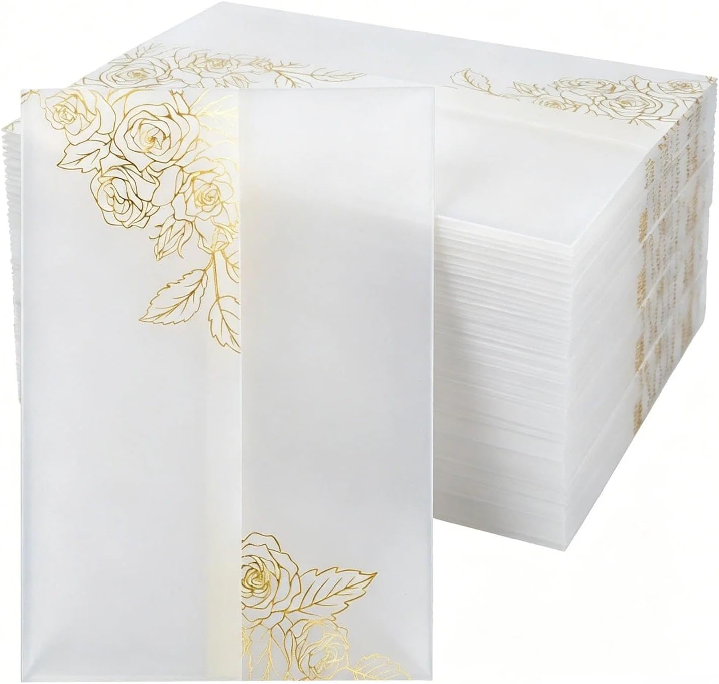 50 Pack Pre-Folded Vellum Jackets for 5x7 Invitations, 130GSM Translucent Vellum Paper Wraps for Wedding, Baby Shower, Birthday Invitation, Cardstock Envelopes Alternative（Gold）