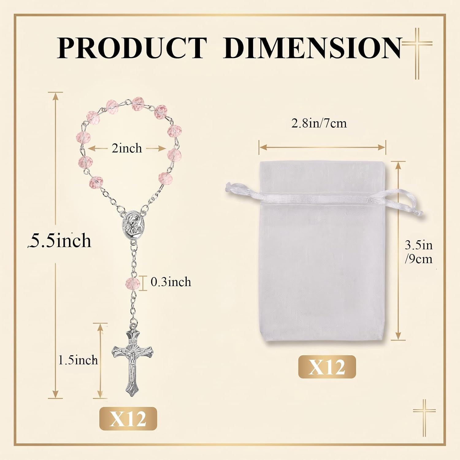 12 Sets Mini Rosary Beads for Baptism Favors, Finger Rosaries with Organza Gift Bags for Christening, First Communion Religious Giveaways