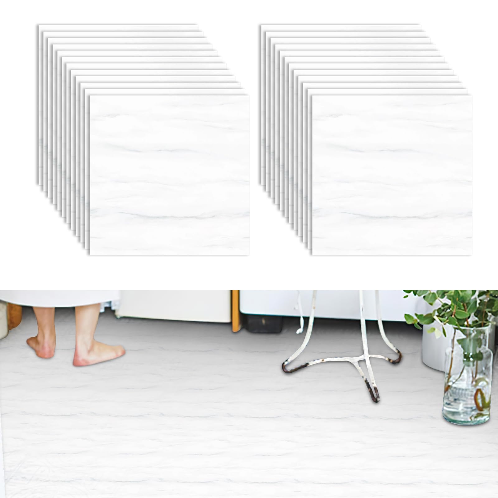 ACESOME Self Adhesive Vinyl Floor Tiles Pack, 0.7mm Thick PVC+PP Tiles Waterproof Tile Stickers, 30x30cm Peel and Stick Waterproof Marble Patter Stick Vinyl Flooring for Bathroom (24, White)