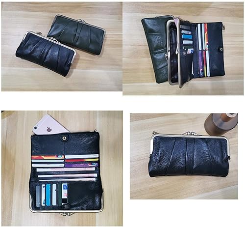 Miniatura 8 de Carteras de cuero suave para mujer compactas plegables RFID monedero con cremallera y bloqueo de beso Negro - Vintage