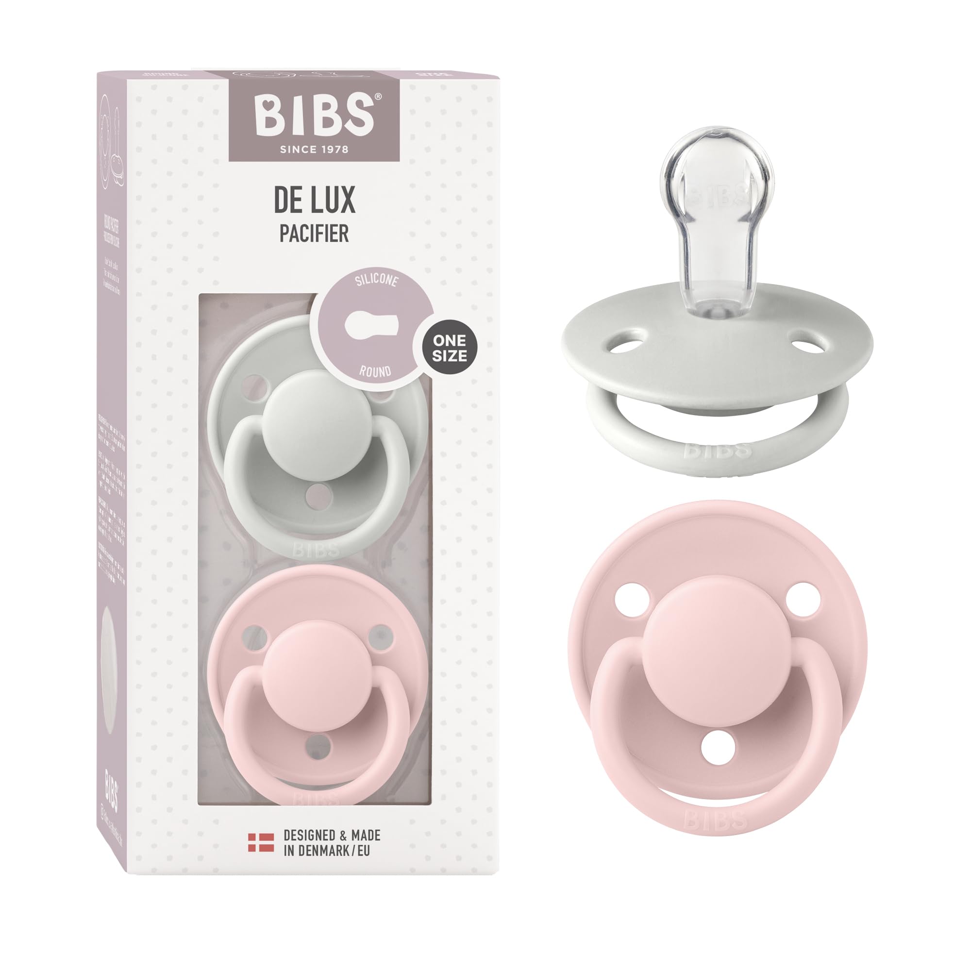 BIBS Pacifiers - De Lux Collection | BPA-Free Baby Pacifier | Made in Denmark | Set of 2 Blossom/Haze Color Premium Soothers | Size One Size