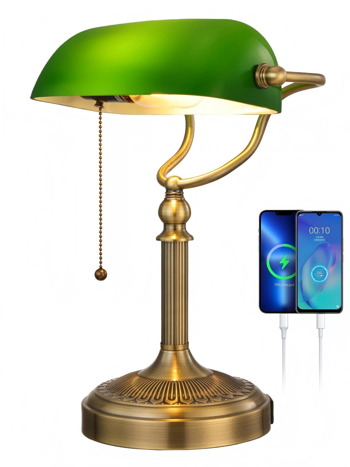 Newrays Green Glass Bankers Desk Lamp with Pull Chain Switch Plug in Fixture,USB Fast Charging Port