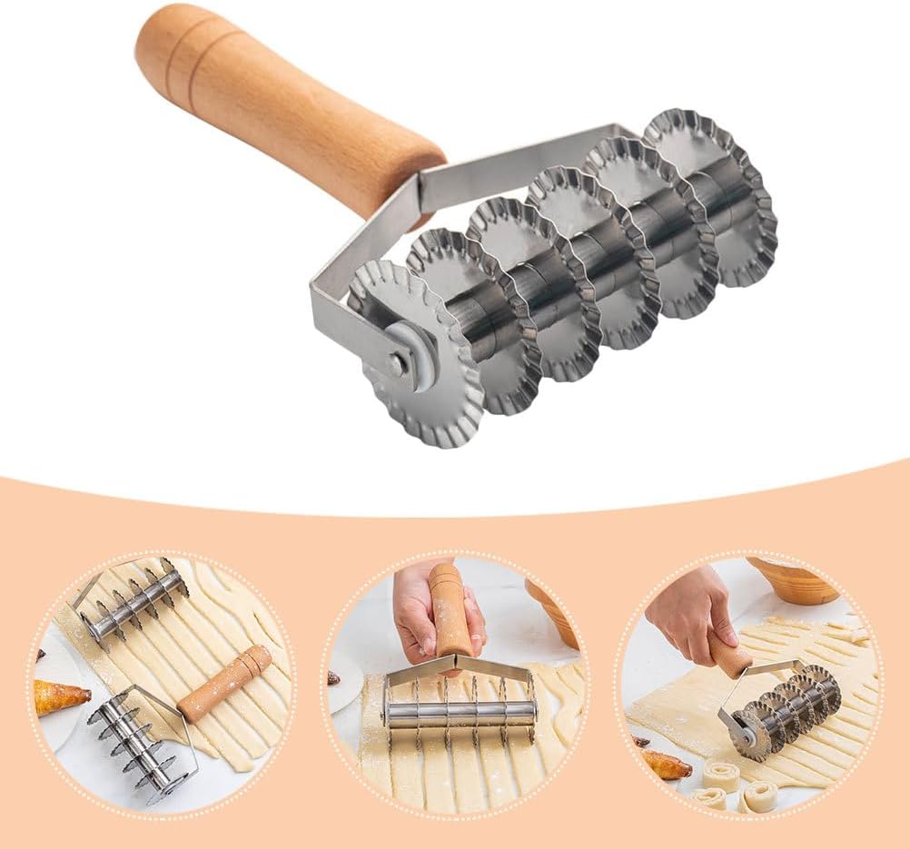 Hemoton Lattice Dough Cutter with Wood Handle Stainless Steel Pastry Cutter for Pie Crust Noodle and Pizza Dough Kitchen Supplies for Home Baking 8.07 X 4.52 X 2.16 in