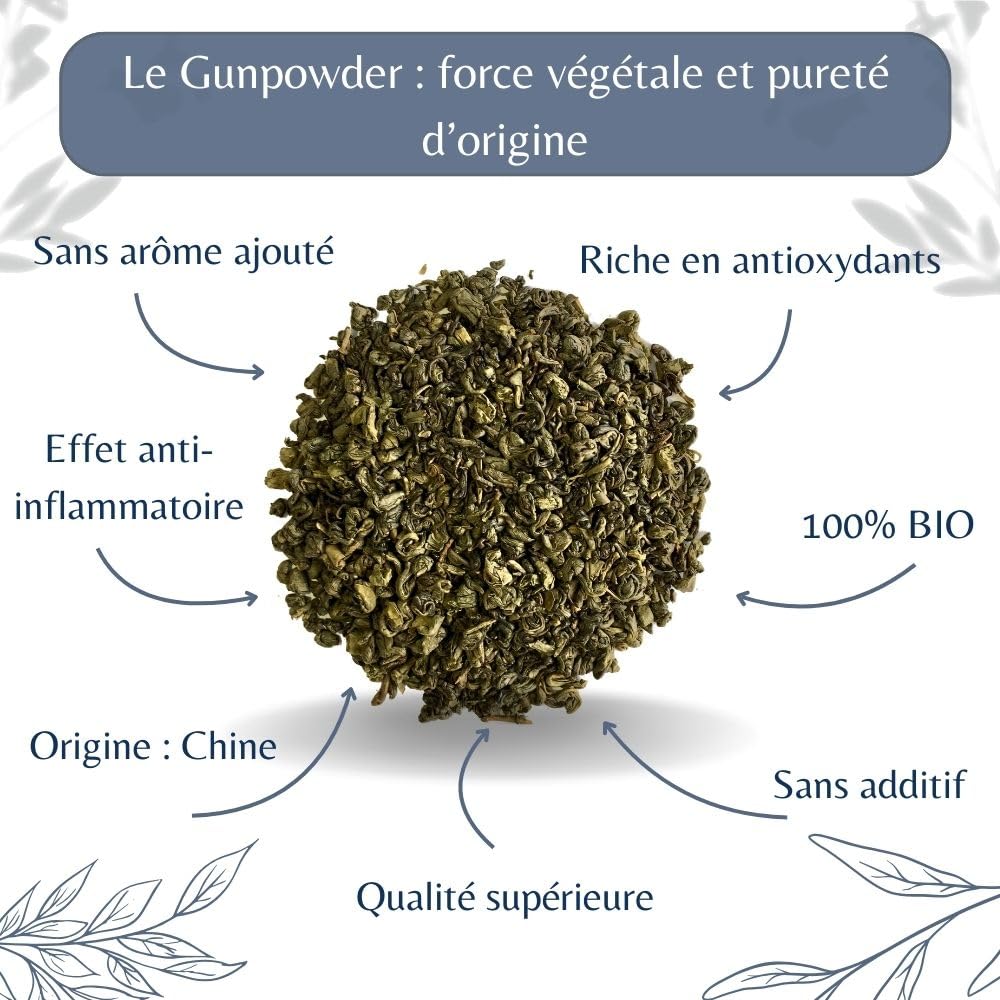 Thé Vert Gunpowder Bio - Thé Vegan en Vrac Riche en Caféine, 100% Naturel, Sans OGM - Agriculture Biologique - Conditionné en France - Sachet 1 kg (500 Tasses)