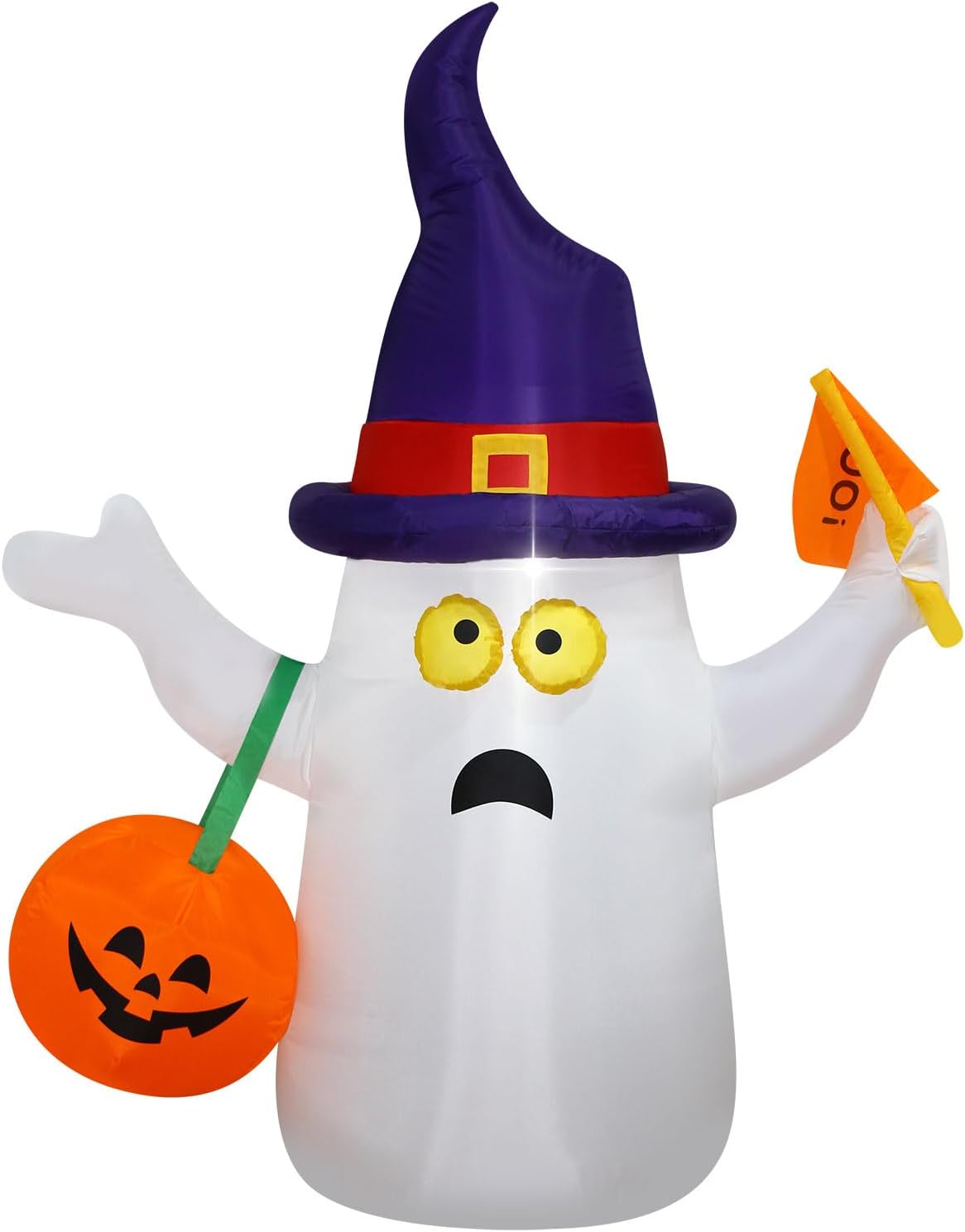 Halloween Inflatable Ghost Holds Pumpkin Jack-o'-Lantern Wear Witch Hat Lighted Interior Outdoor Blow-up Halloween Holiday Garden Yard Lawn Garden Decoration with Built-in Fan and Anchor Ropes