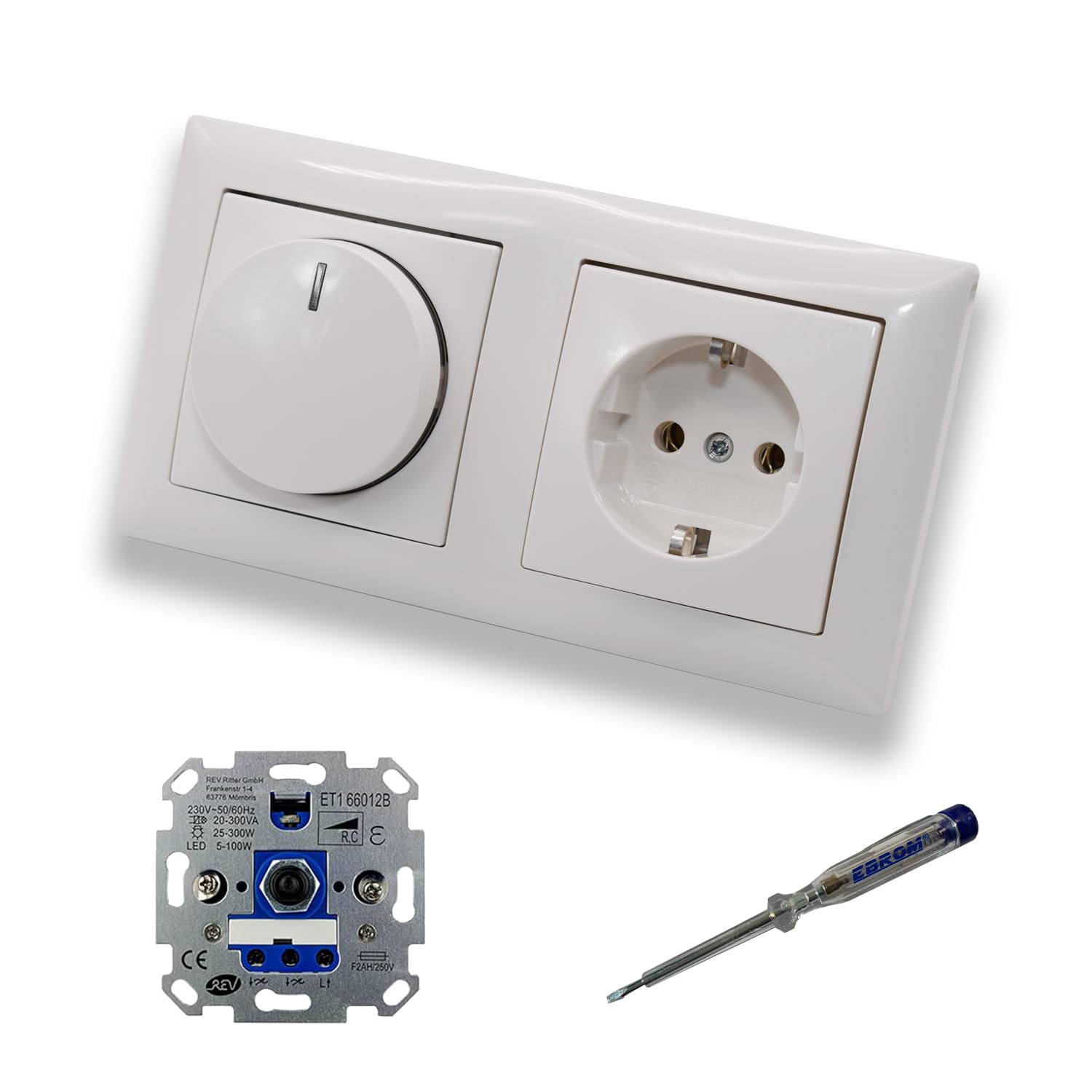 REV Ritter 2115-914 - Dimmer a LED e presa 20EUCKS-914 in Balance Si bianco alpino lucido, con tester di fase EBROM per il montaggio dei dispositivi ET1 66012B