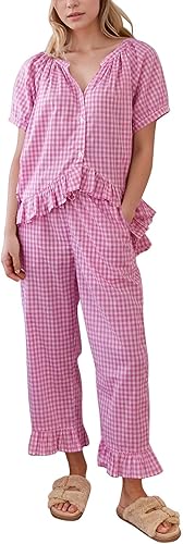 Flygo Womens Plaid 2 Piece Pajamas Sets Gingham Button Down Puff Sleeve Babydoll Shirt Ruffle Pants Y2K Pjs Lounge Set