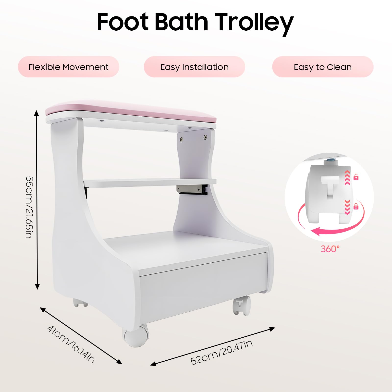 Carrito de Pedicura, Mueble Rodante para Manicura y Cuidado, Taburete de Cuatro Ruedas con Bandeja y Almacenamiento, con Reposapies, Ideal para Salón de Belleza, Spa y Uso Doméstico Profesional