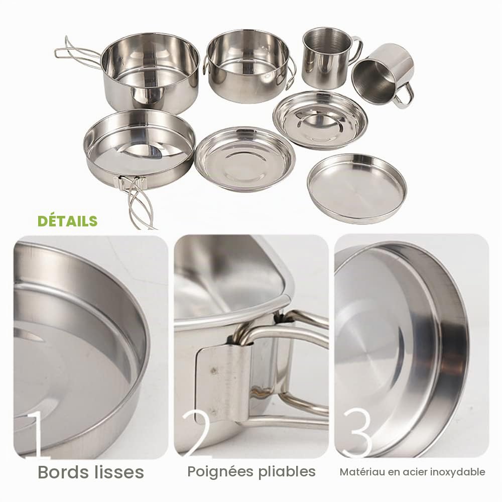LIXADA Camping Batterie de Cuisine Mess Kit 8 PCS en Acier Inoxydable Camping Casseroles Ensemble avec Assiettes Tasses pour Pêche, Randonnée, Pique-Nique, Outdoor BBQ