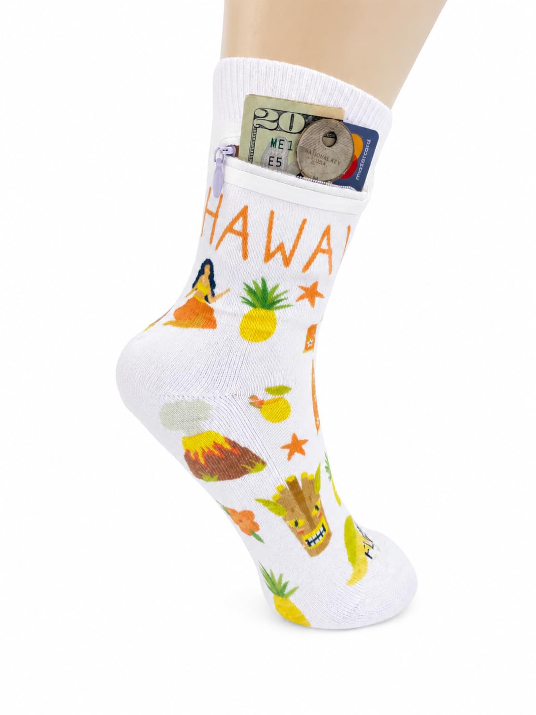 Zipper Sock Wallet - Cotton &amp; Polyester Zipper Socks with Pockets - Fits shoe size 6-13