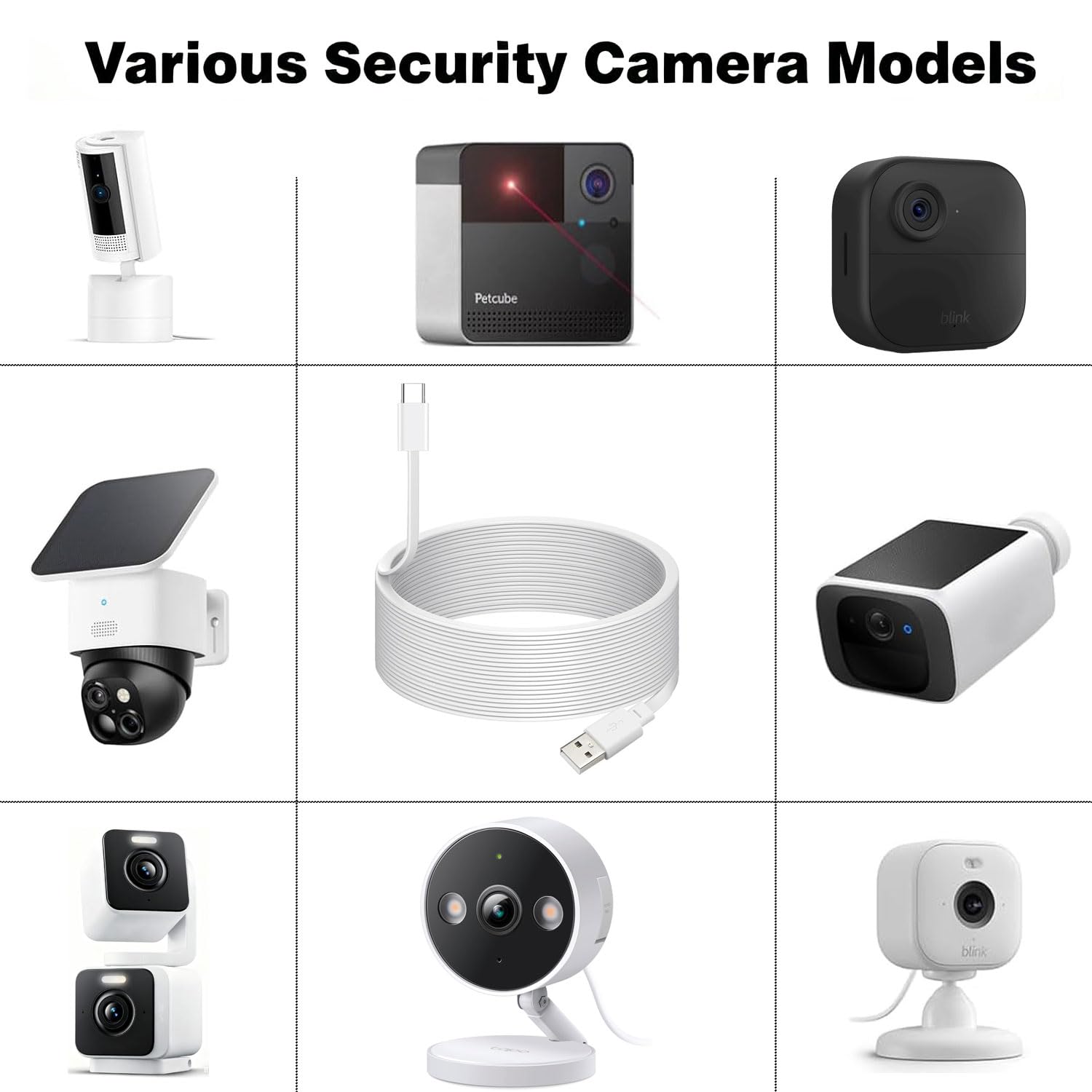 Cavo di alimentazione USB C per telecamera CCTV, TP-Link Tapo C120, Ring Pan-Tilt Indoor Cam 2024, Blink Mini2, Xiaomi Mi, eufy SoloCam S220/S340, C210, cavo di ricarica lungo piatto USB C