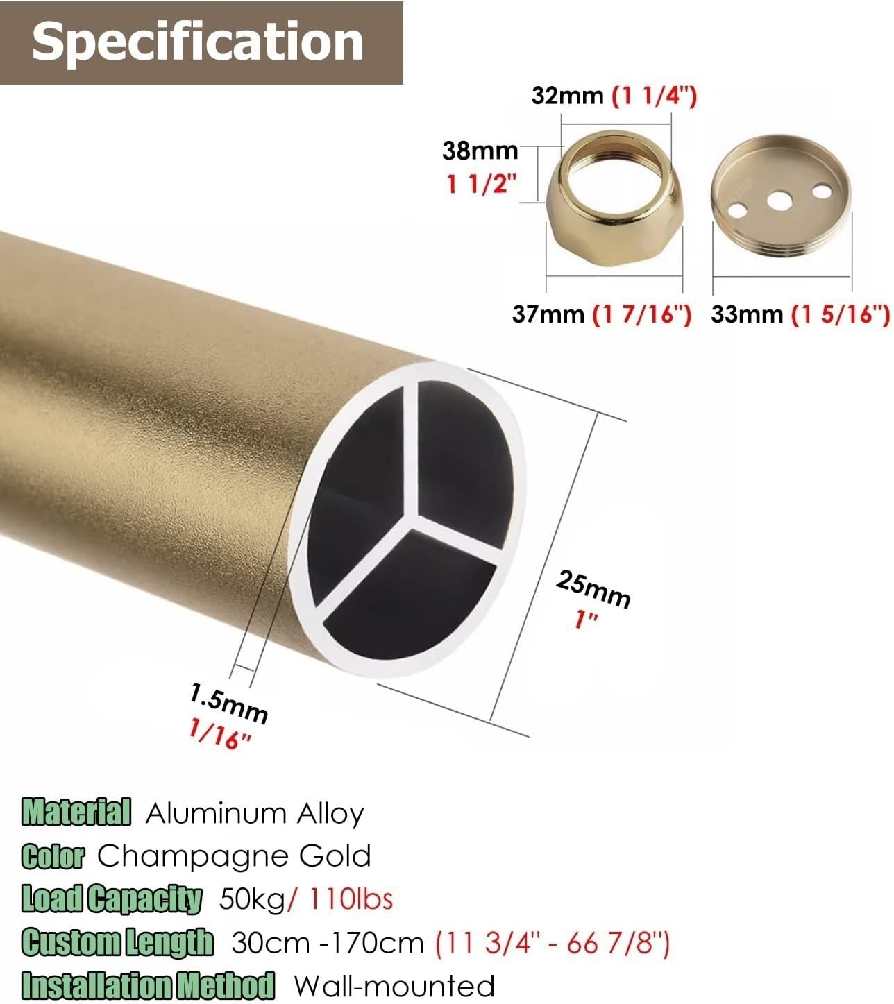 Champagne Bronze Closet Rod - Adjustable 36 Inch Wardrobe Pole Holder for Hanging Clothes, Round Valet Organizer Rail for Closet Storage, Fits 4-72 Inch Spaces