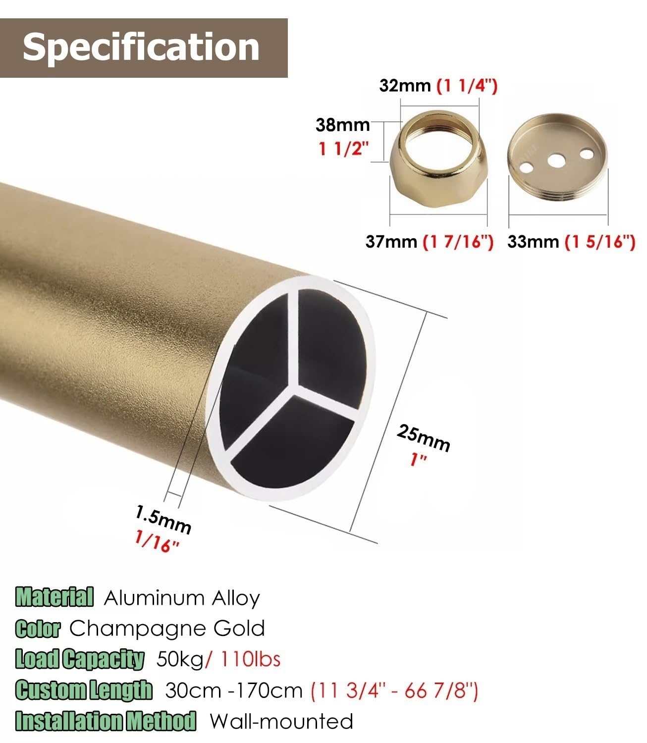Tringle Penderie Tringle à Vêtements Ronde en Bronze Champagne, Tube de Support Robuste pour Vestiaires Commerciaux, Fenêtres, Placards et Valets de Chambre(72inch/183cm)