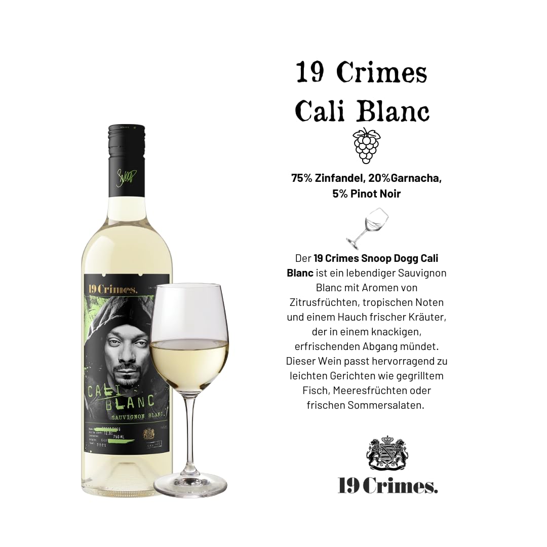 19 Crimes – Snoop Dogg Cali Blanc – Sauvignon Blanc Weißwein aus Kalifornien – fruchtig, frisch & trocken – 750ml Flasche – inkl. Needforsweet Notizblock – Limited Edition