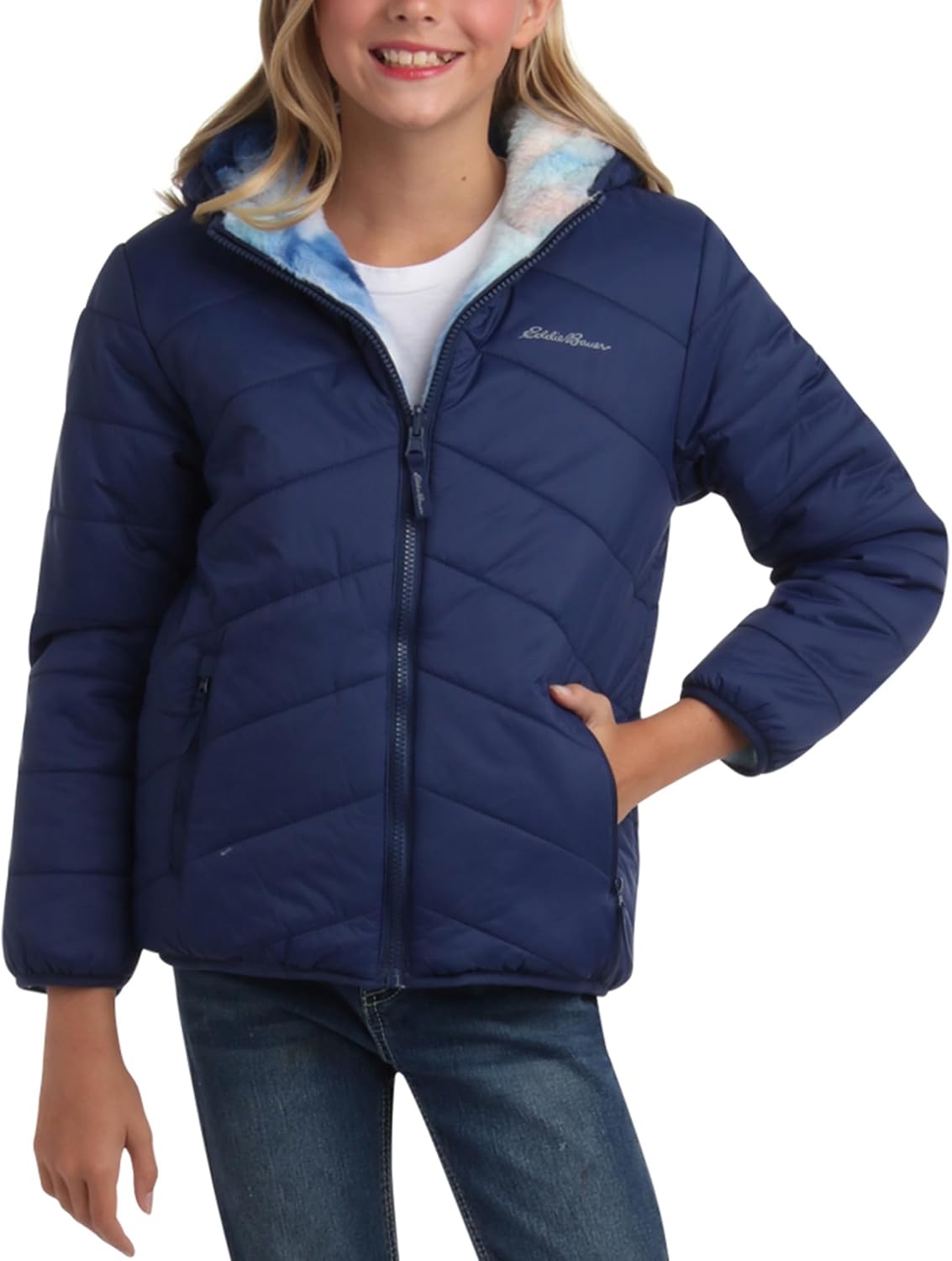 Eddie Bauer Girls' Reversible Jacket - Deer Harbor Waterproof Lightweight Puffer Coat with Faux Shearling Lining (5-20)