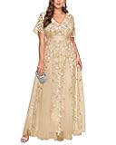 Plus Size Formal Dresses - Evening Gowns Wedding Sequin Embroidery V-Neck Prom Long Dress