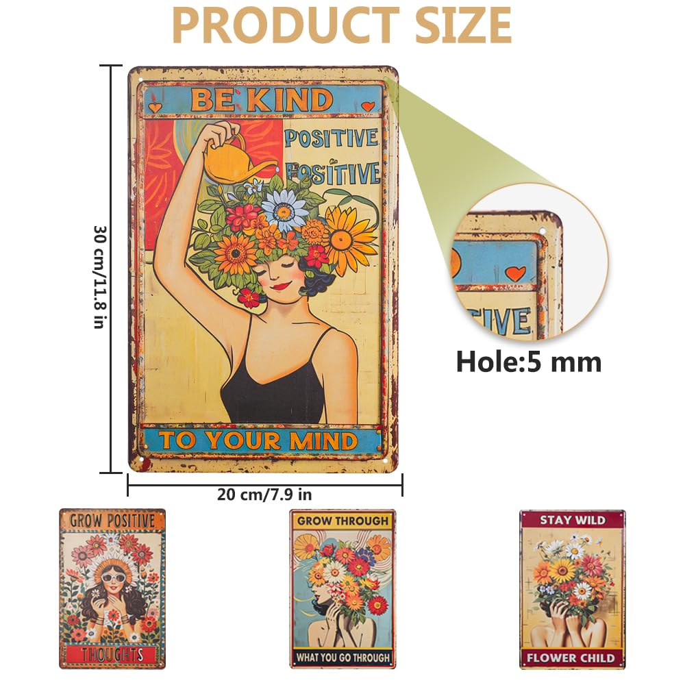 Zestaw 4 metalowych tabliczek w stylu vintage, kwiatowa dziewczyna w stylu retro, żelazna płyta malarska, panel dekoracyjny do domu, baru, kawiarni, restauracji, pubu (30 × 20 cm)