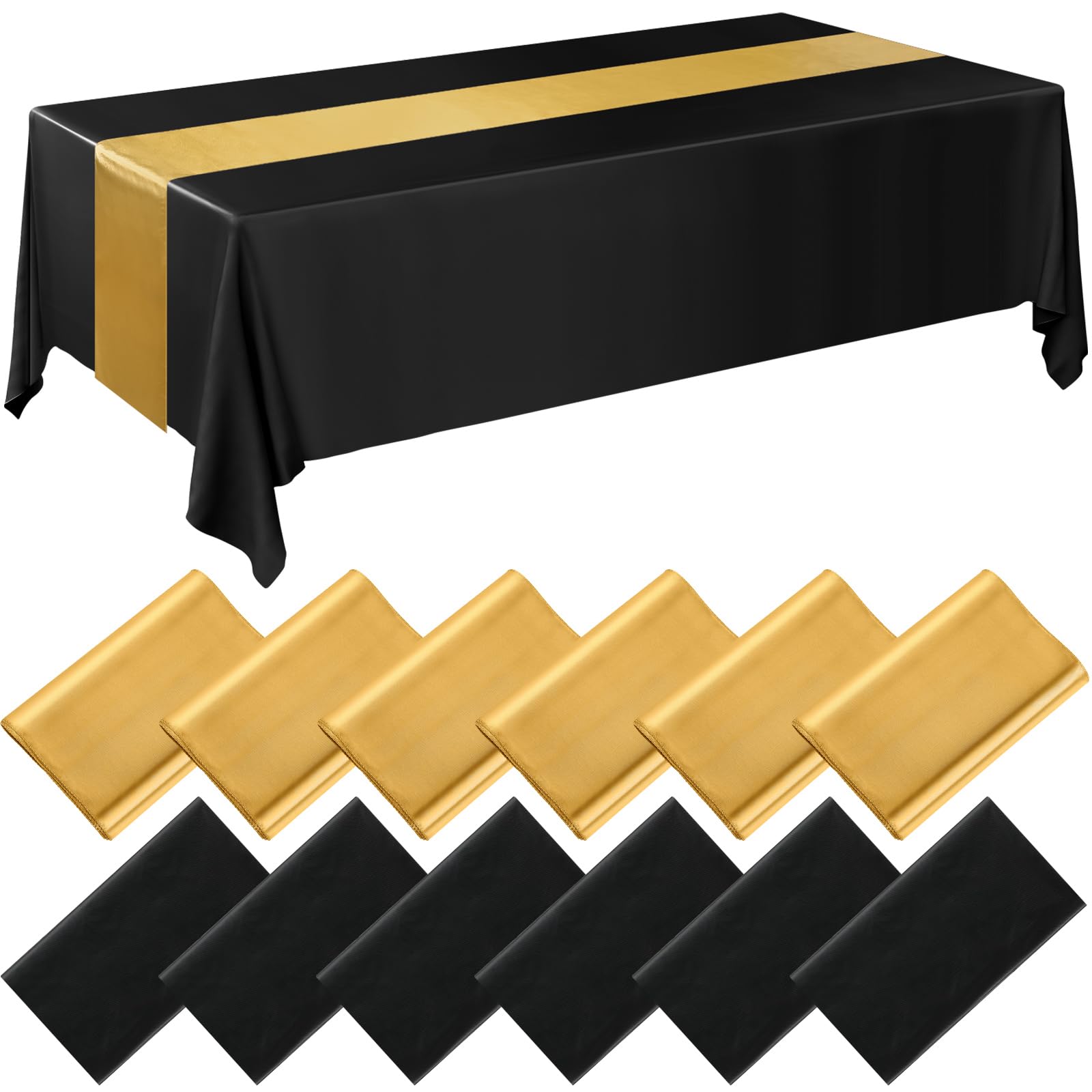Black plastic tablecloth with gold satin table runner set